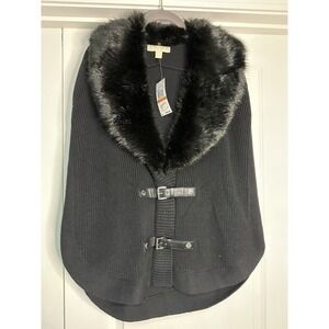 Michael Kors, Buckle Poncho/Vest, Black W/Detachable Faux Fur Collar,‎ Size S